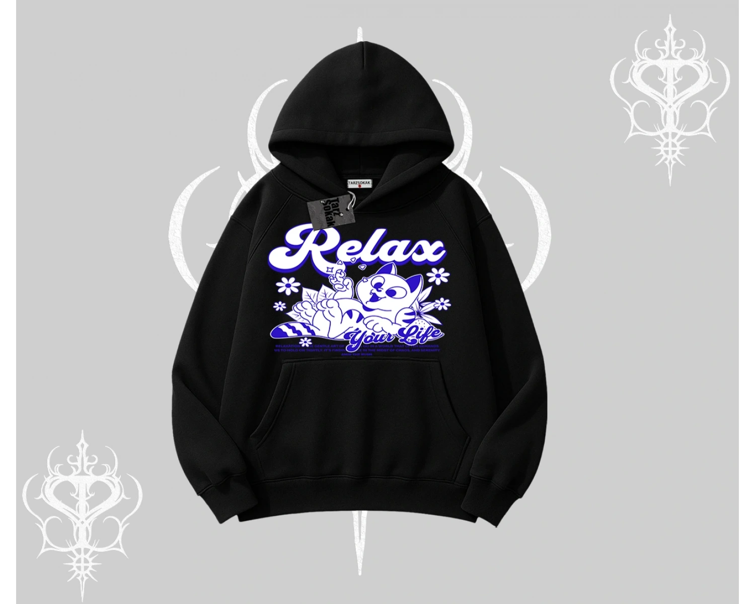 Relax Kedi Baskılı Kapşonlu Sweatshirt