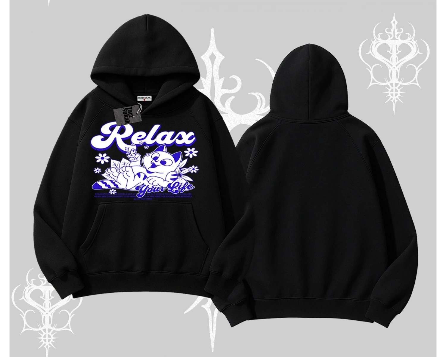 Relax Kedi Baskılı Kapşonlu Sweatshirt