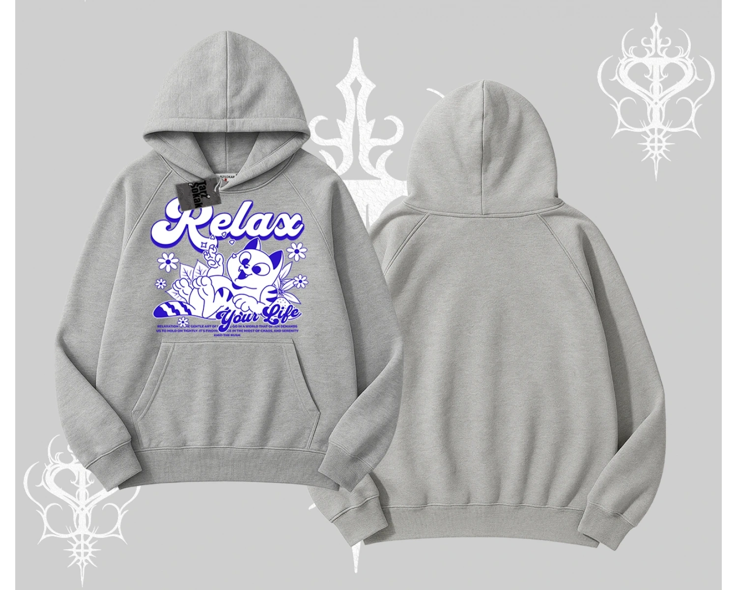 Relax Kedi Baskılı Kapşonlu Sweatshirt