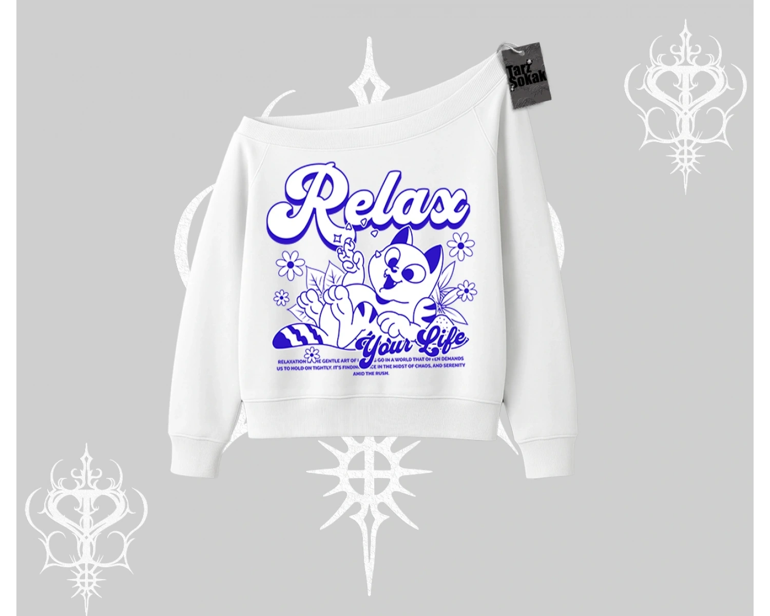 Relax Kedi Baskılı Kayık Yaka Sweatshirt