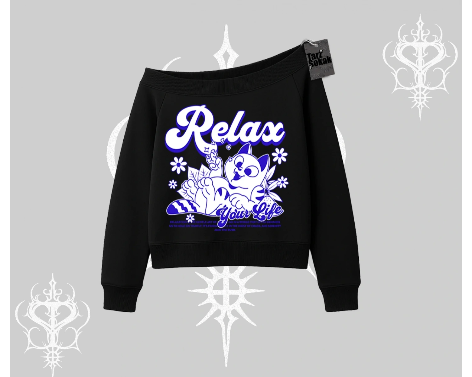 Relax Kedi Baskılı Kayık Yaka Sweatshirt
