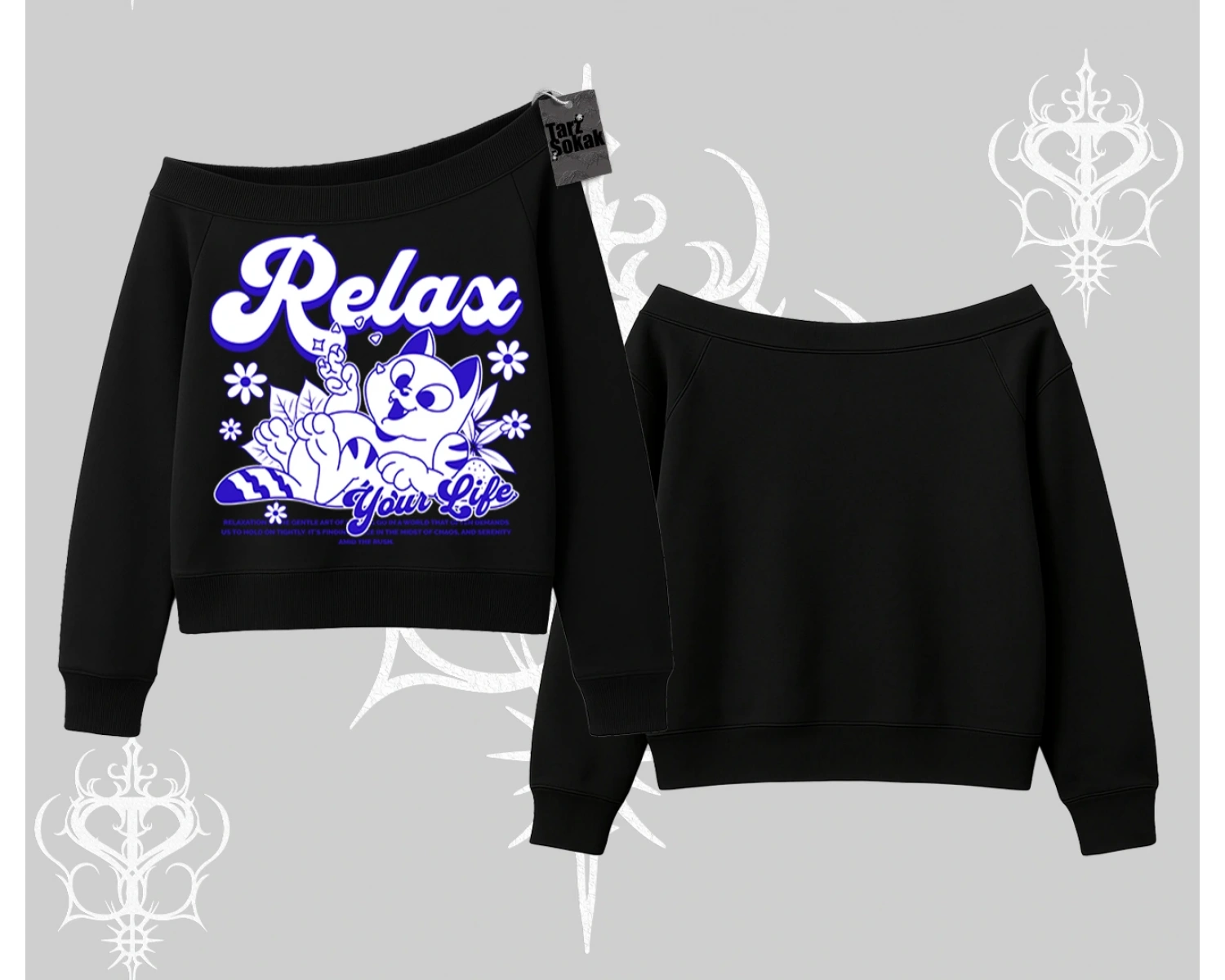 Relax Kedi Baskılı Kayık Yaka Sweatshirt