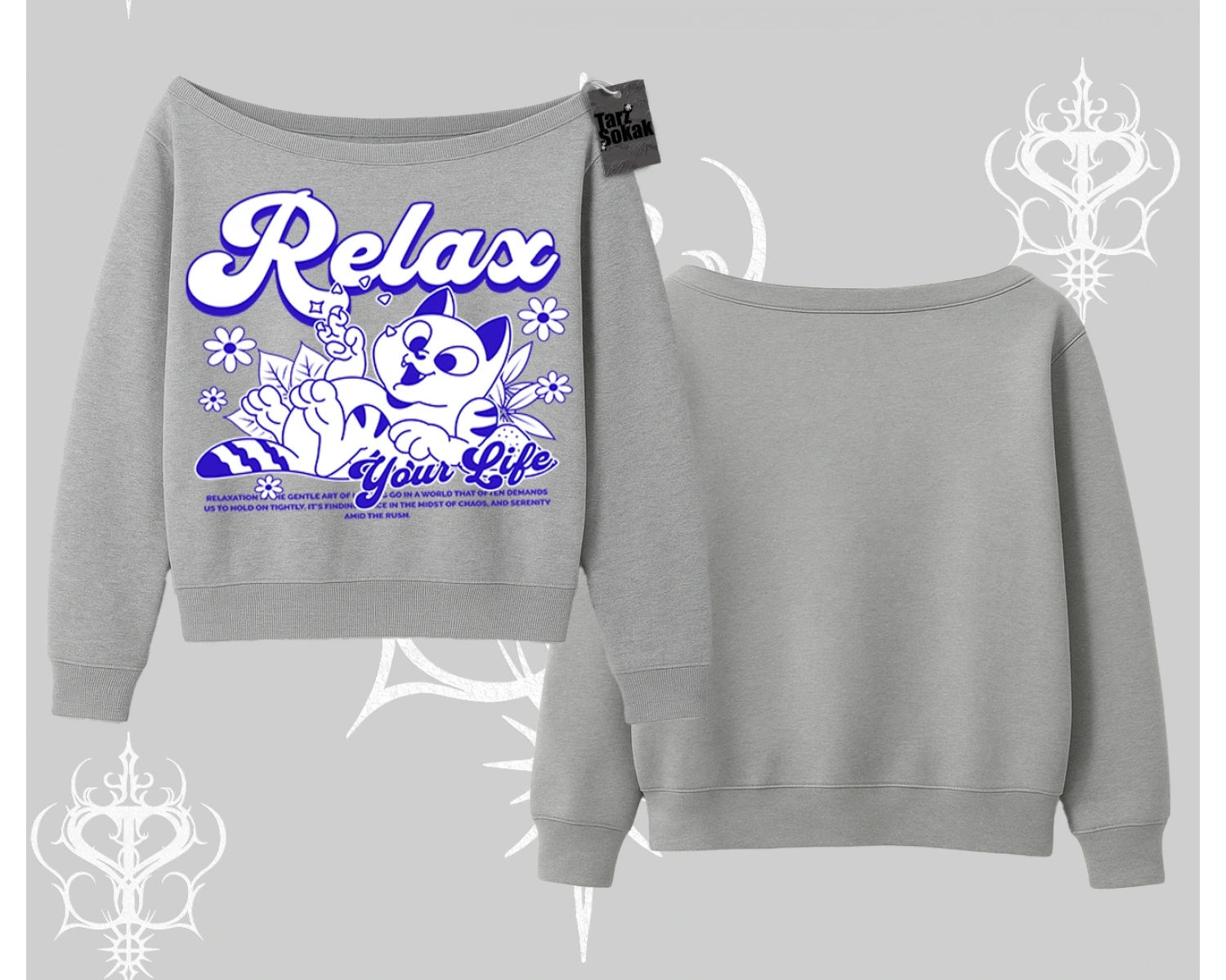 Relax Kedi Baskılı Kayık Yaka Sweatshirt