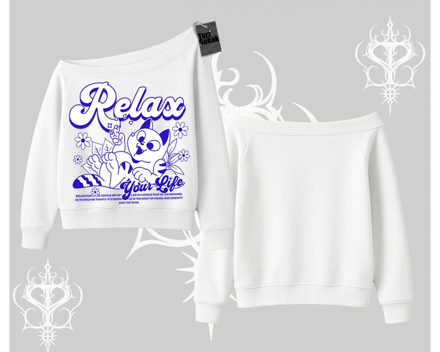 Relax Kedi Baskılı Kayık Yaka Sweatshirt
