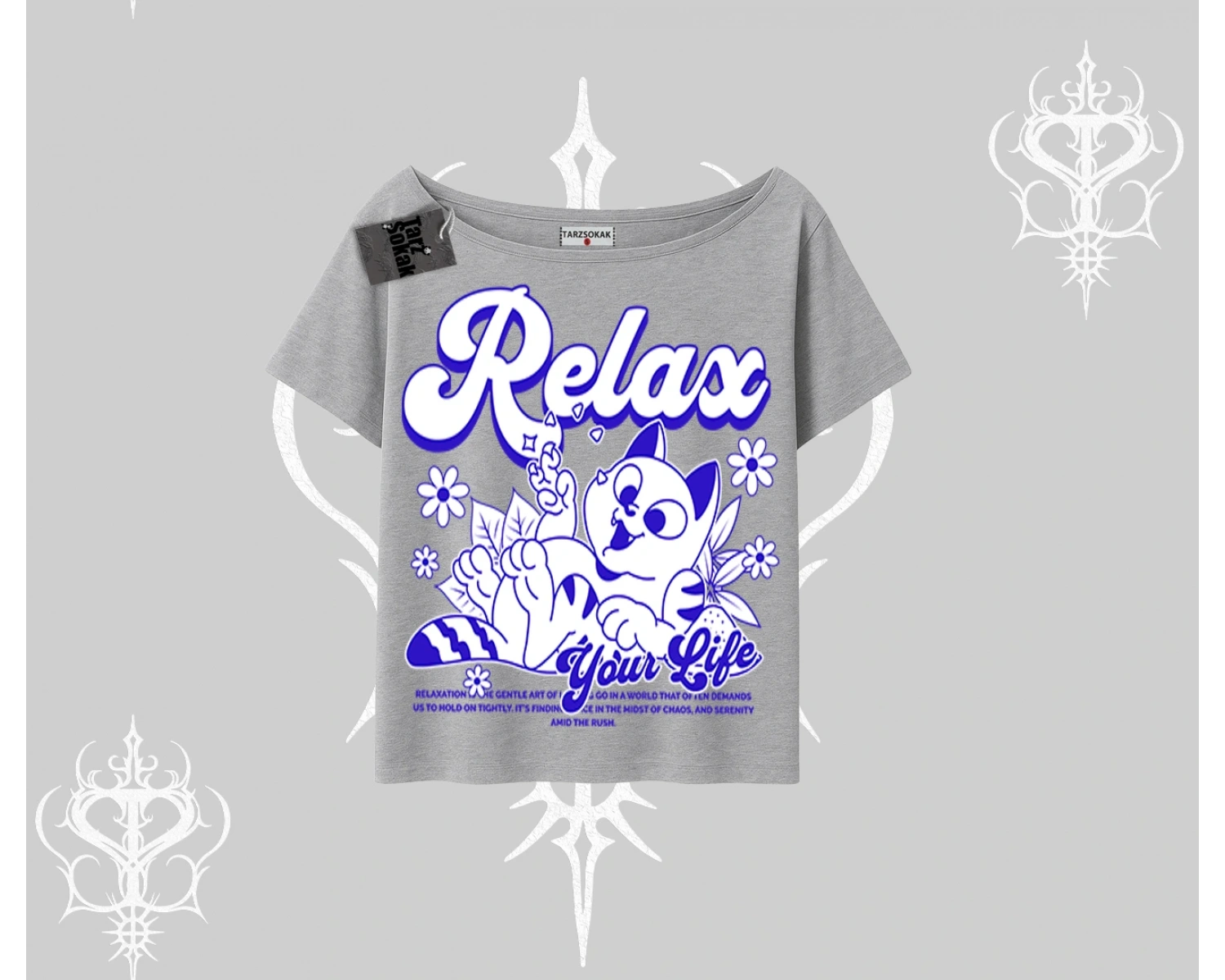 Relax Kedi Baskılı Kayık Yaka Tshirt