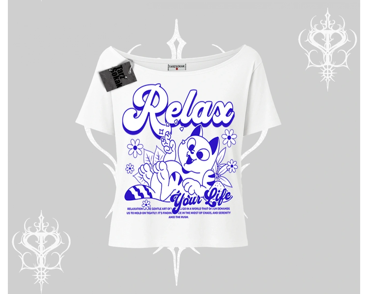 Relax Kedi Baskılı Kayık Yaka Tshirt