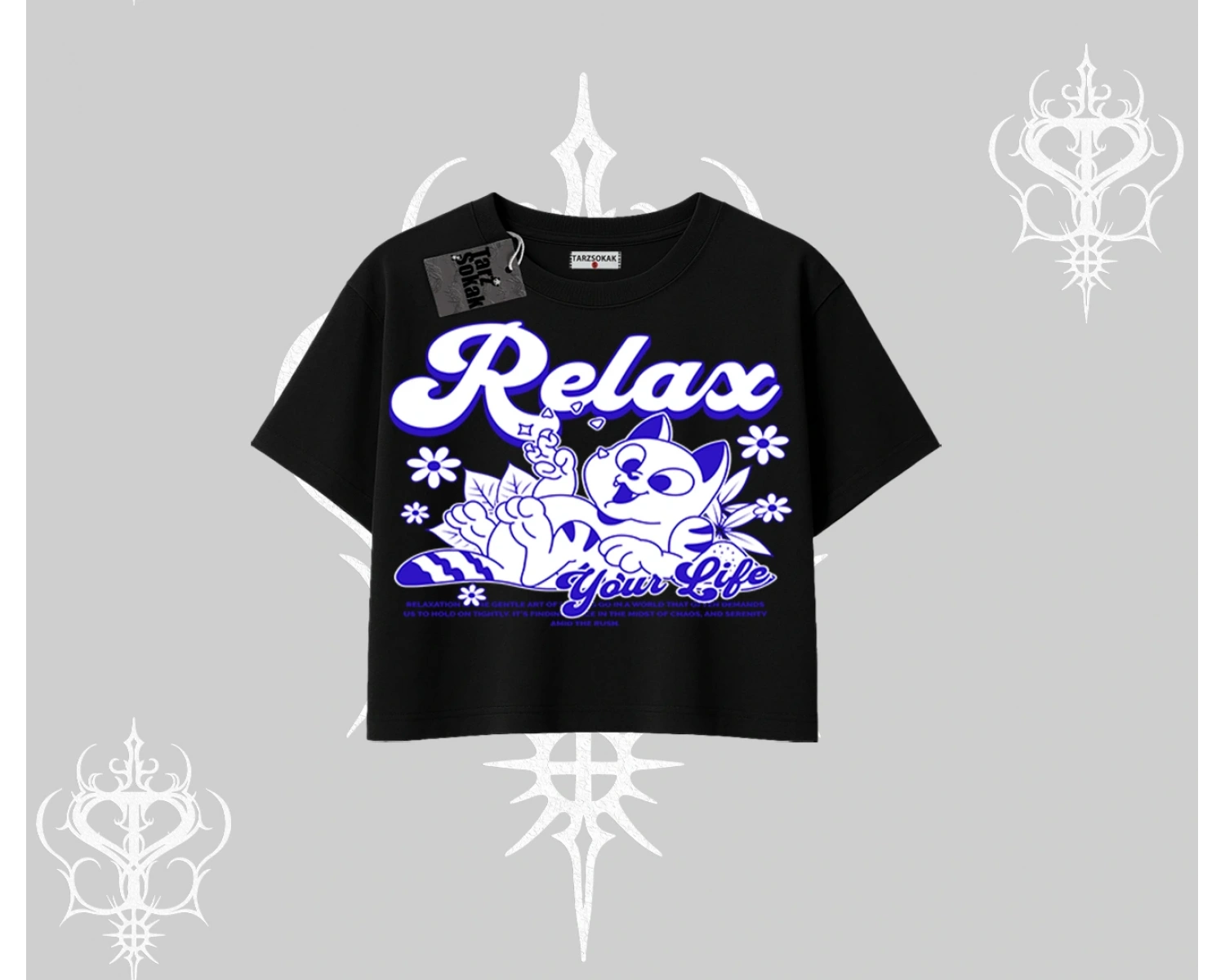 Relax Kedi Baskılı Oversize Crop Tshirt
