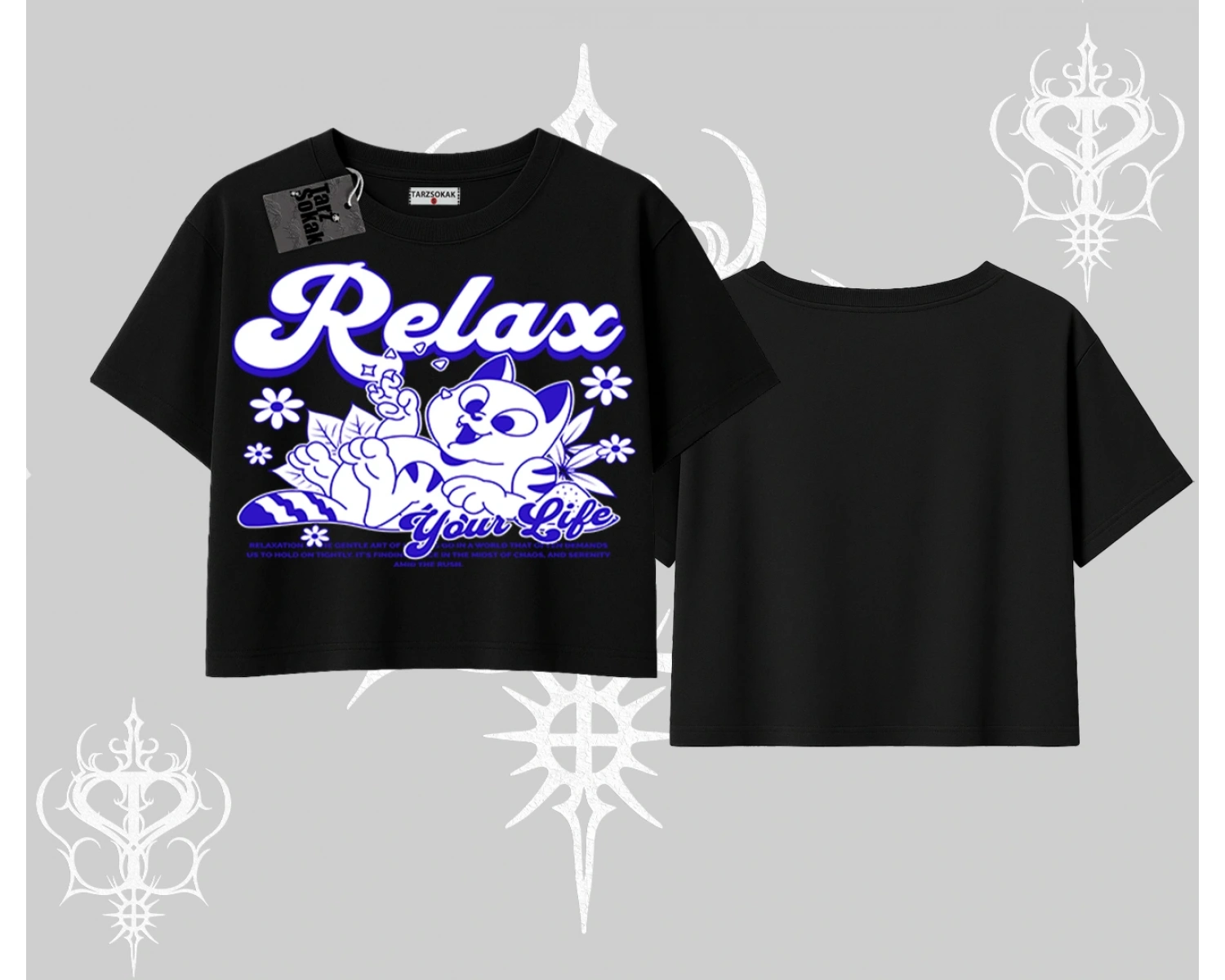 Relax Kedi Baskılı Oversize Crop Tshirt