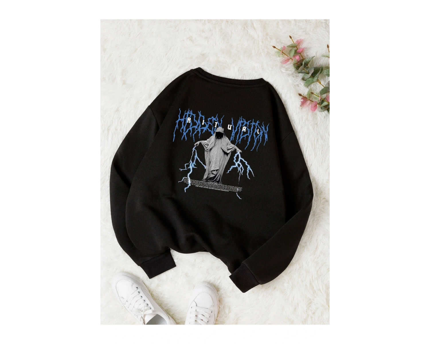 Ritual Mavi Renkli Oversize Bisiklet Yaka Pamuklu Sweatshirt Beyaz