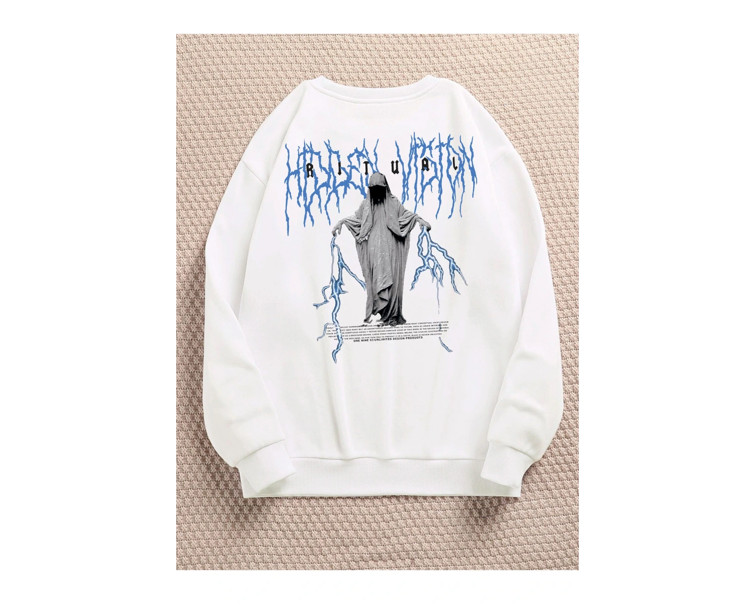 Ritual Mavi Renkli Oversize Bisiklet Yaka Pamuklu Sweatshirt Beyaz