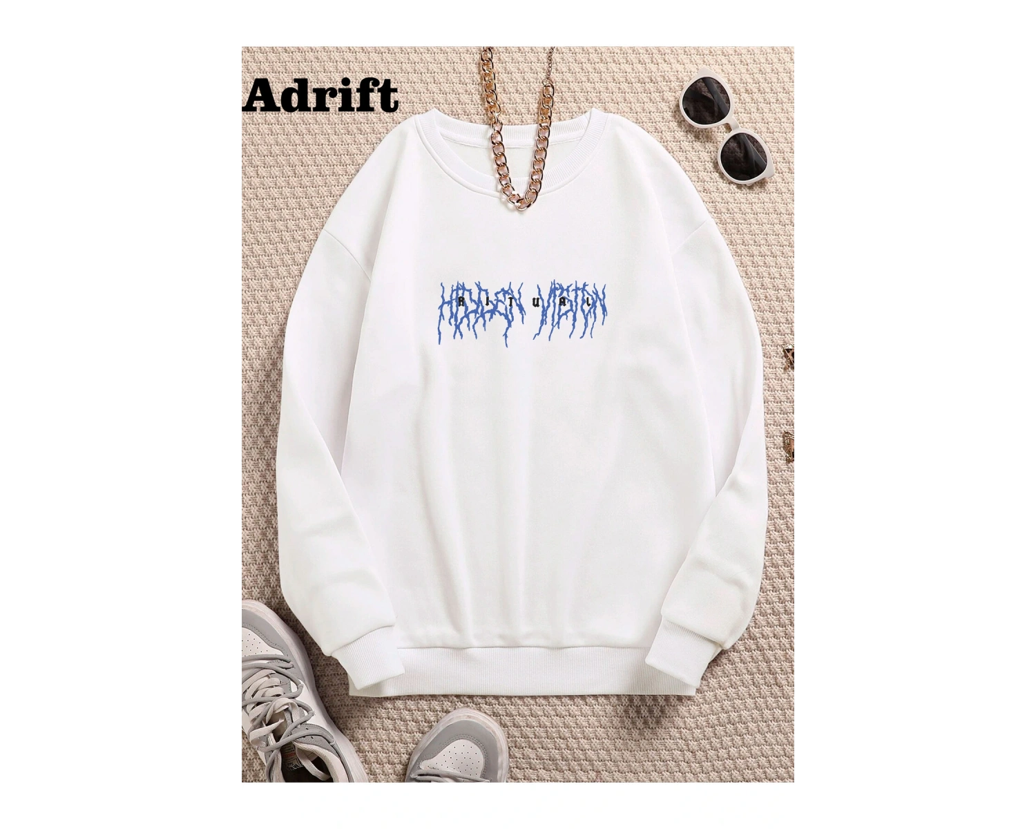 Ritual Mavi Renkli Oversize Bisiklet Yaka Pamuklu Sweatshirt Beyaz