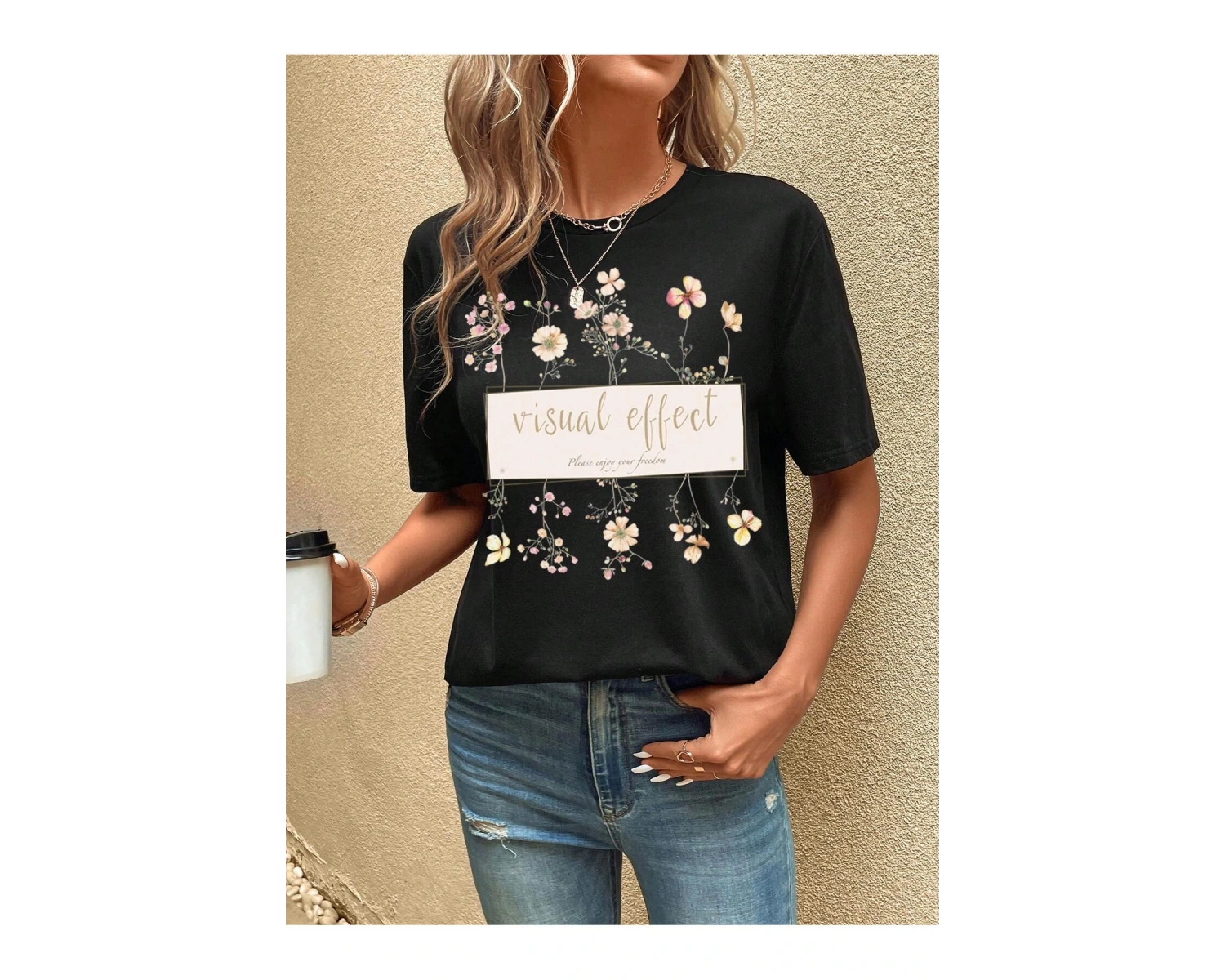 ROMWE Ağaç Desenli Düşük Omuz Tişört