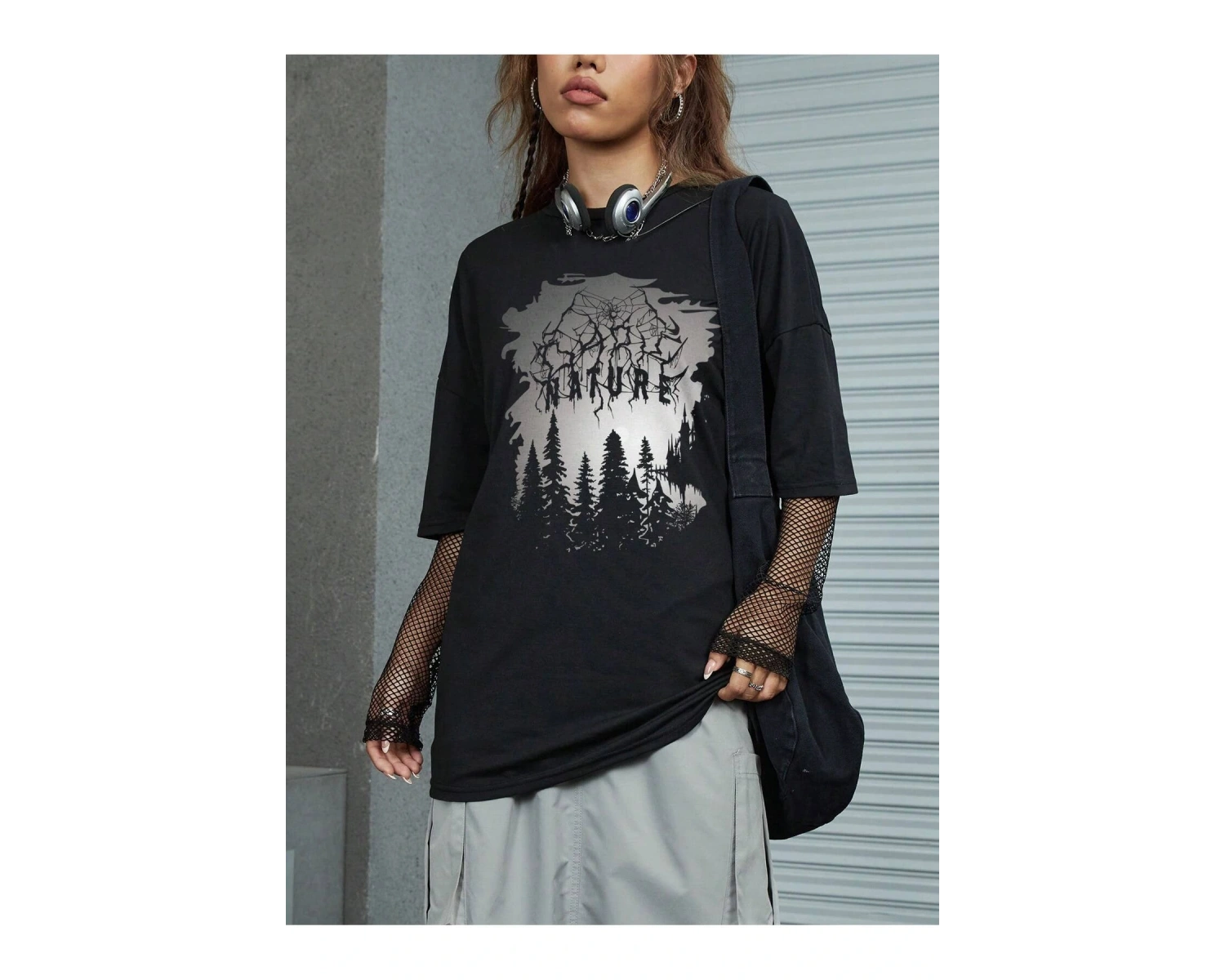 ROMWE Ağaç Desenli Düşük Omuz Tişört