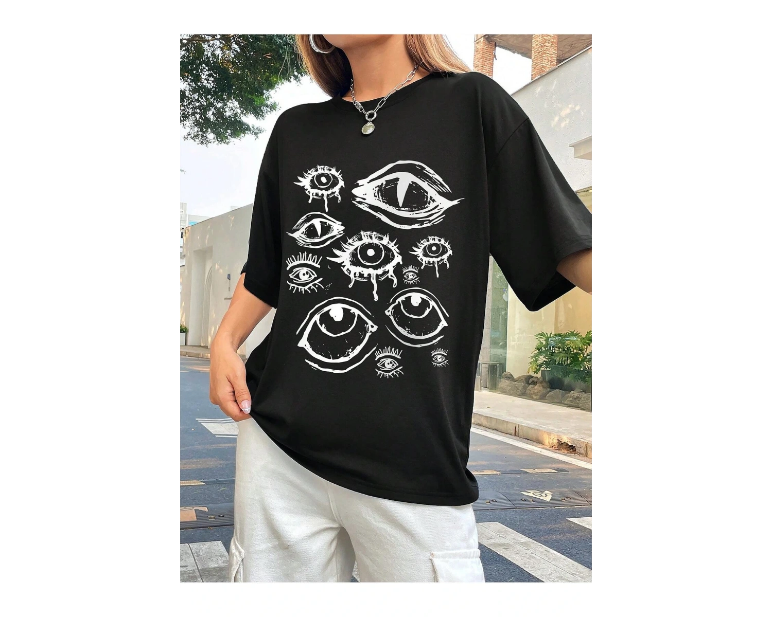 ROMWE Ağaç Desenli Düşük Omuz Tişört