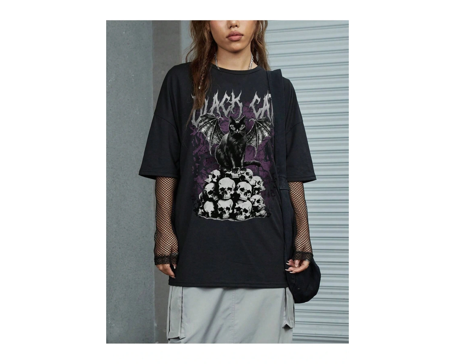 ROMWE Goth Kafatası ve Kedi Baskılı Damla Omuz Tişört