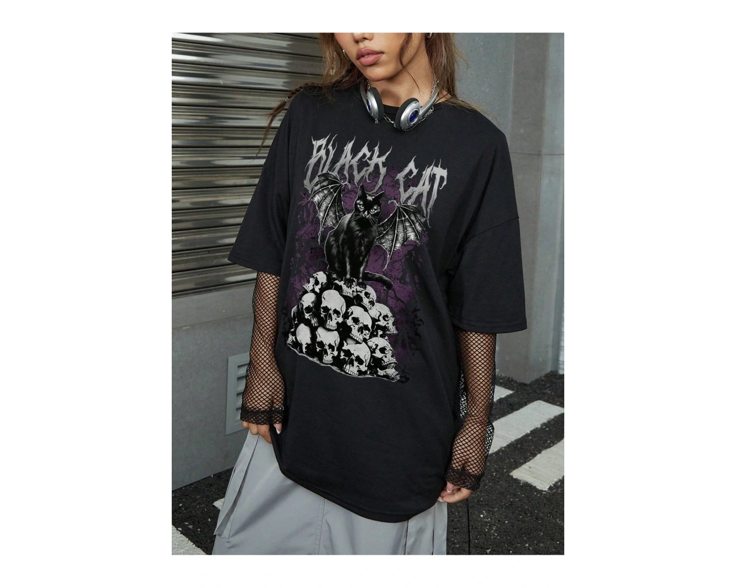 ROMWE Goth Kafatası ve Kedi Baskılı Damla Omuz Tişört