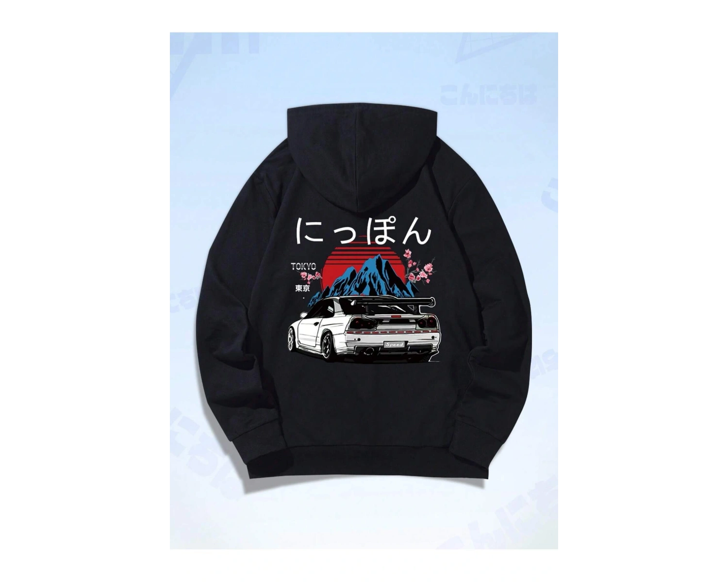 ROMWE Guys Car & Japanese Letter Graphic Drawstring Hoodie Siyah