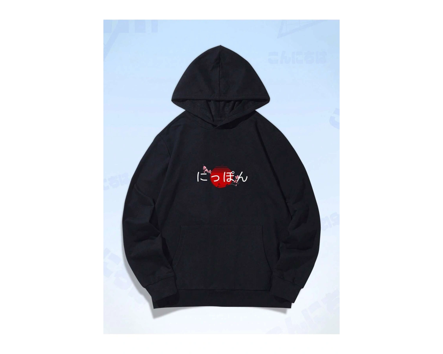 ROMWE Guys Car & Japanese Letter Graphic Drawstring Hoodie Siyah