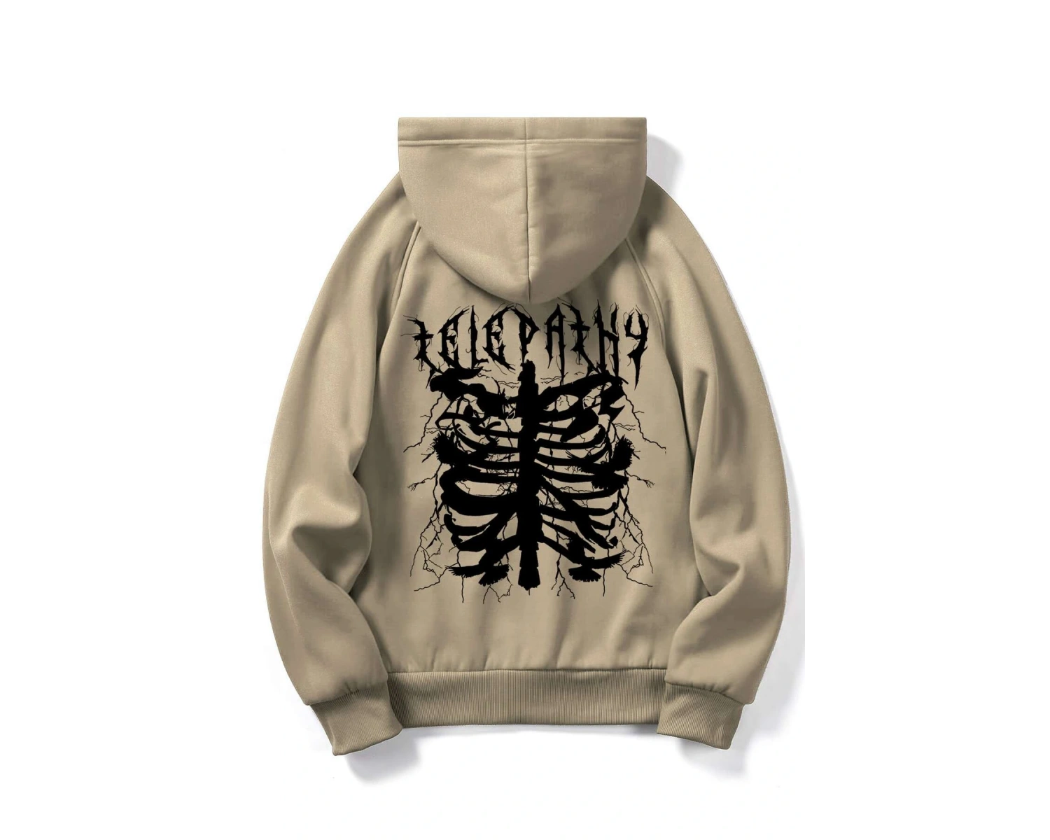 ROMWE Guys Skeleton Print Kangaroo Pocket Drawstring Hoodie Haki