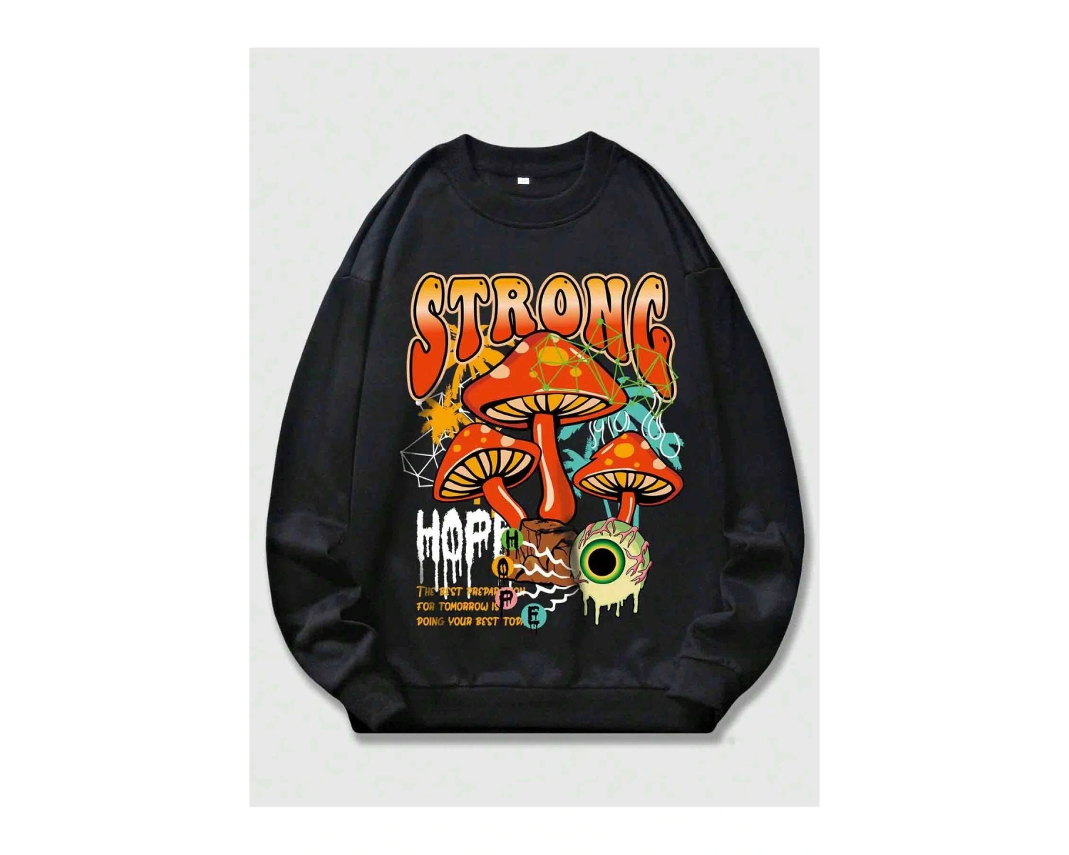 ROMWE Street Life Guys Mushroom And Slogan Graphic Sweatshirt Siyah