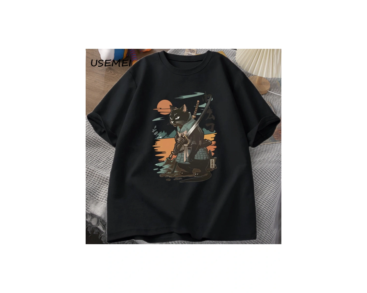 Samuray Kedi T-Shirt Japon Tarzı Kedi Tasarımcı Vintage Tshirt Casual Erkek Grafik T Shirt Pa 2902