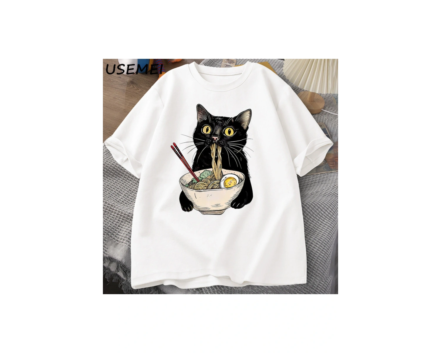 Şehriye Ramen Kedi T-Shirt Foodie Lover T Shirt Siyah Kedi Şehriye T-Shirt Retro Rahat Kısa K 2809