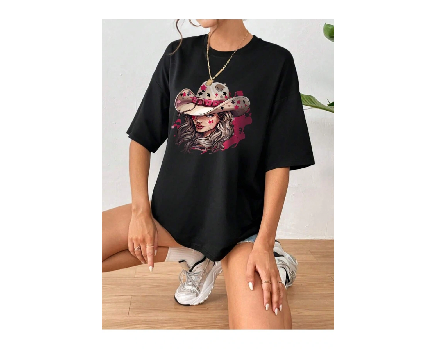 Şekil Grafiği Düşük Omuzlu Tişört