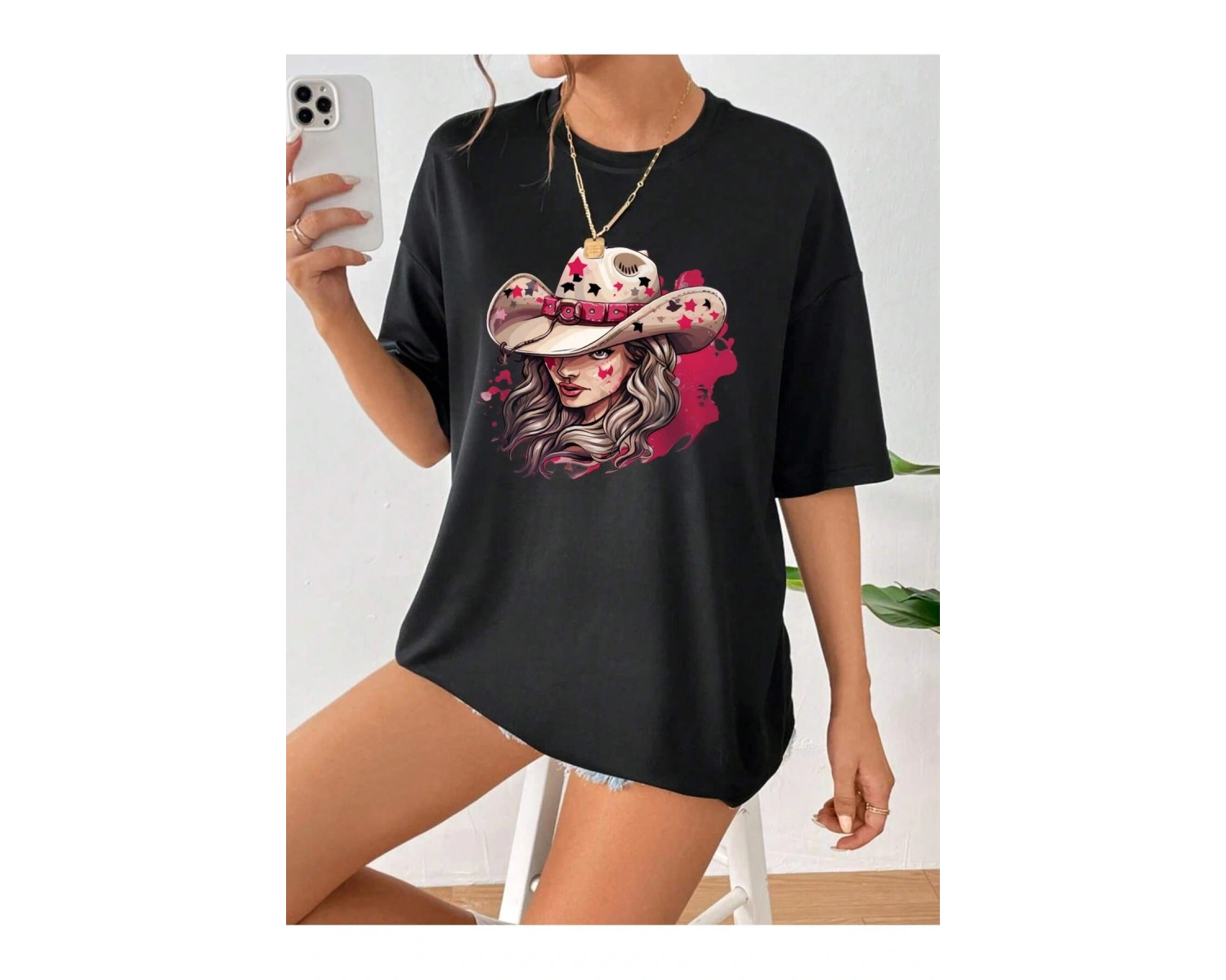 Şekil Grafiği Düşük Omuzlu Tişört