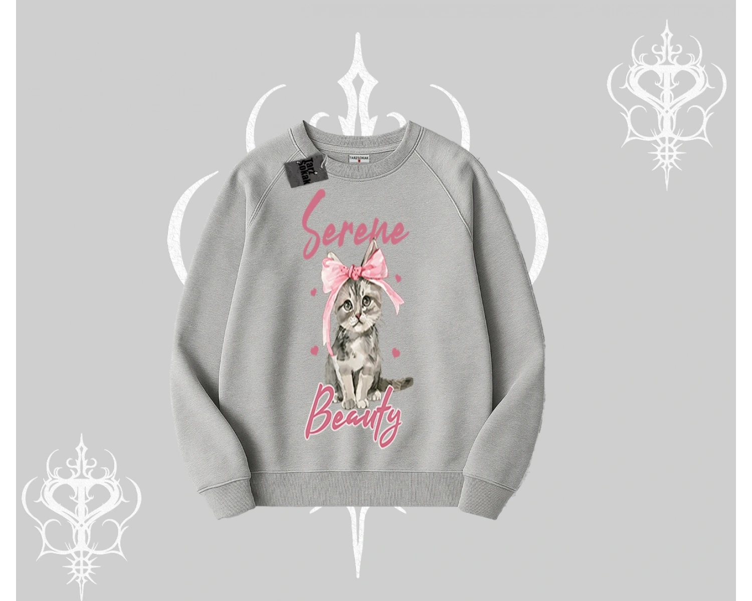 Serene Beauty Kedi Baskılı  Biskilet Sweatshirt