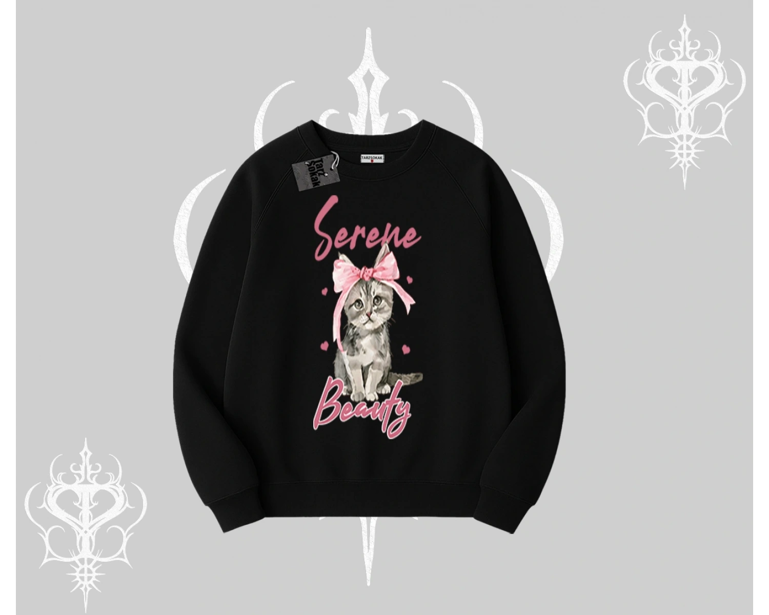 Serene Beauty Kedi Baskılı  Biskilet Sweatshirt