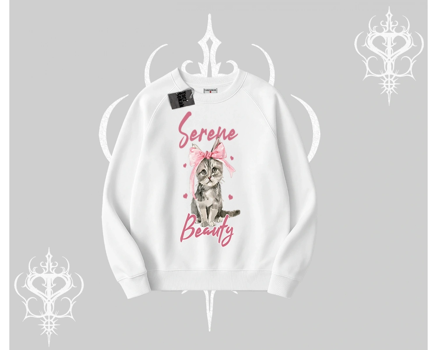 Serene Beauty Kedi Baskılı  Biskilet Sweatshirt