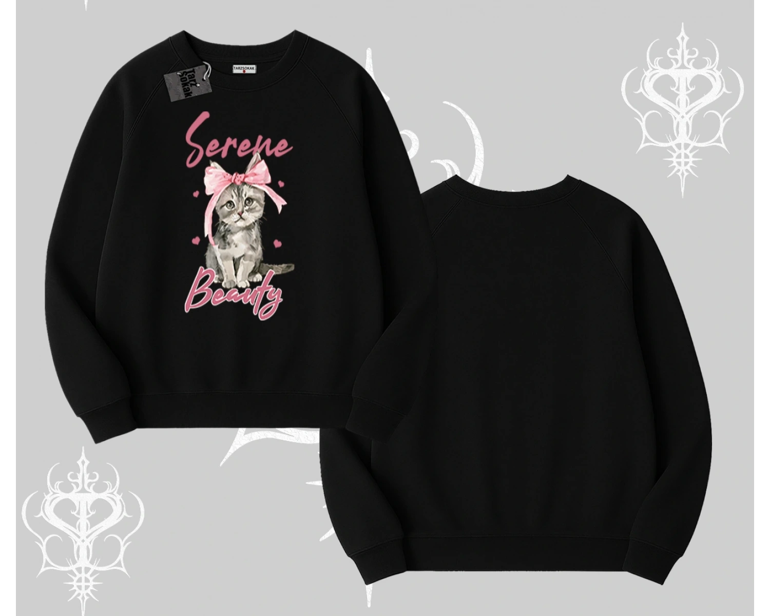 Serene Beauty Kedi Baskılı  Biskilet Sweatshirt