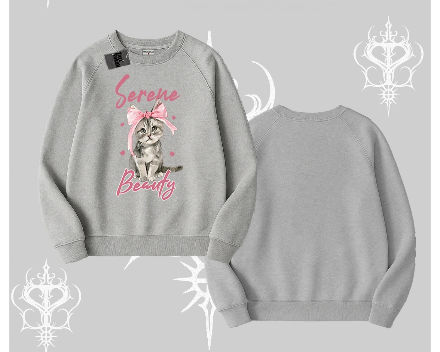 Serene Beauty Kedi Baskılı  Biskilet Sweatshirt