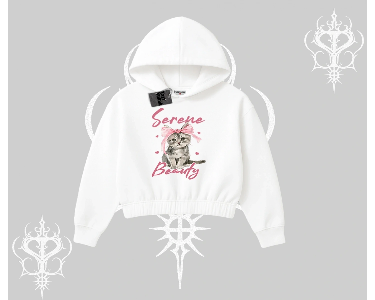Serene Beauty Kedi Baskılı  Kapşonlu Crop Sweatshirt