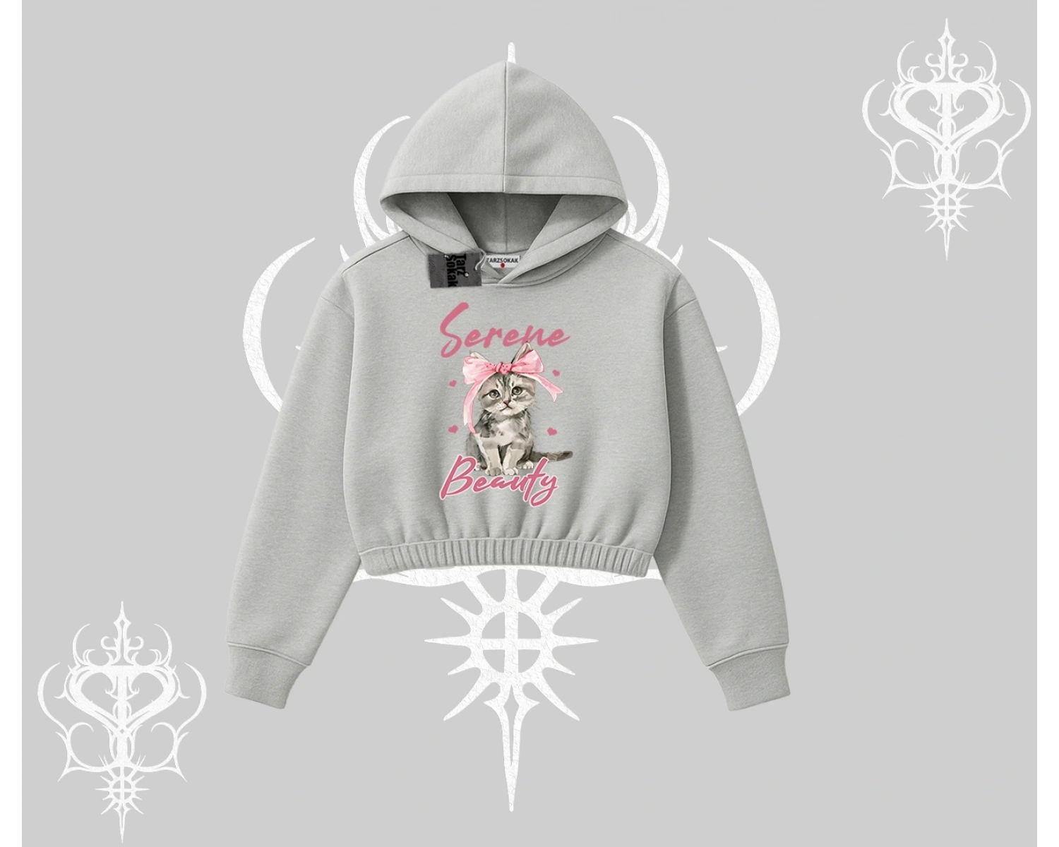 Serene Beauty Kedi Baskılı  Kapşonlu Crop Sweatshirt