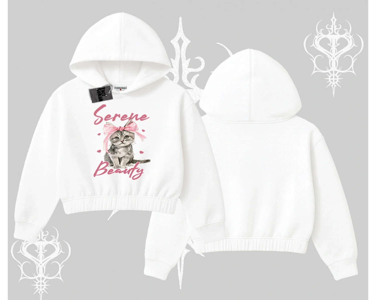 Serene Beauty Kedi Baskılı  Kapşonlu Crop Sweatshirt