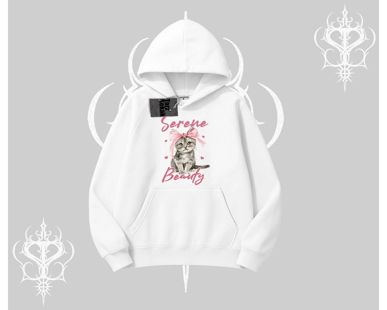 Serene Beauty Kedi Baskılı  Kapşonlu Sweatshirt