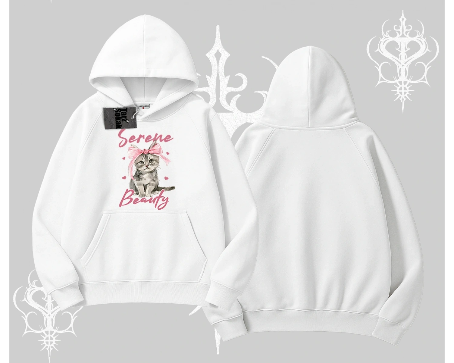 Serene Beauty Kedi Baskılı  Kapşonlu Sweatshirt