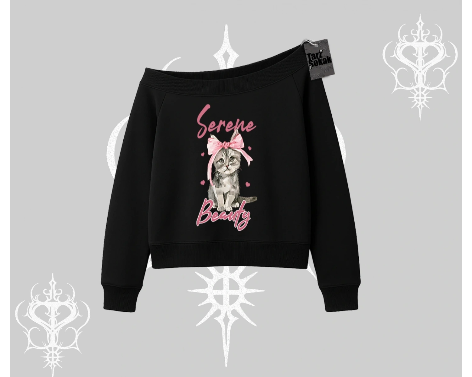 Serene Beauty Kedi Baskılı  Kayık Yaka Sweatshirt