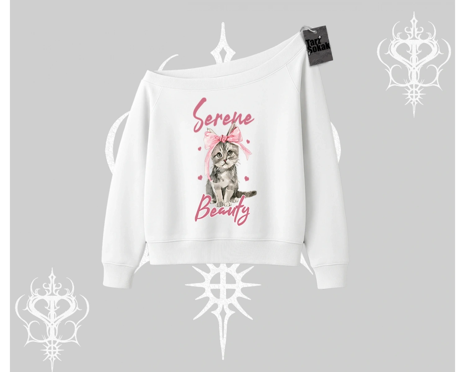 Serene Beauty Kedi Baskılı  Kayık Yaka Sweatshirt