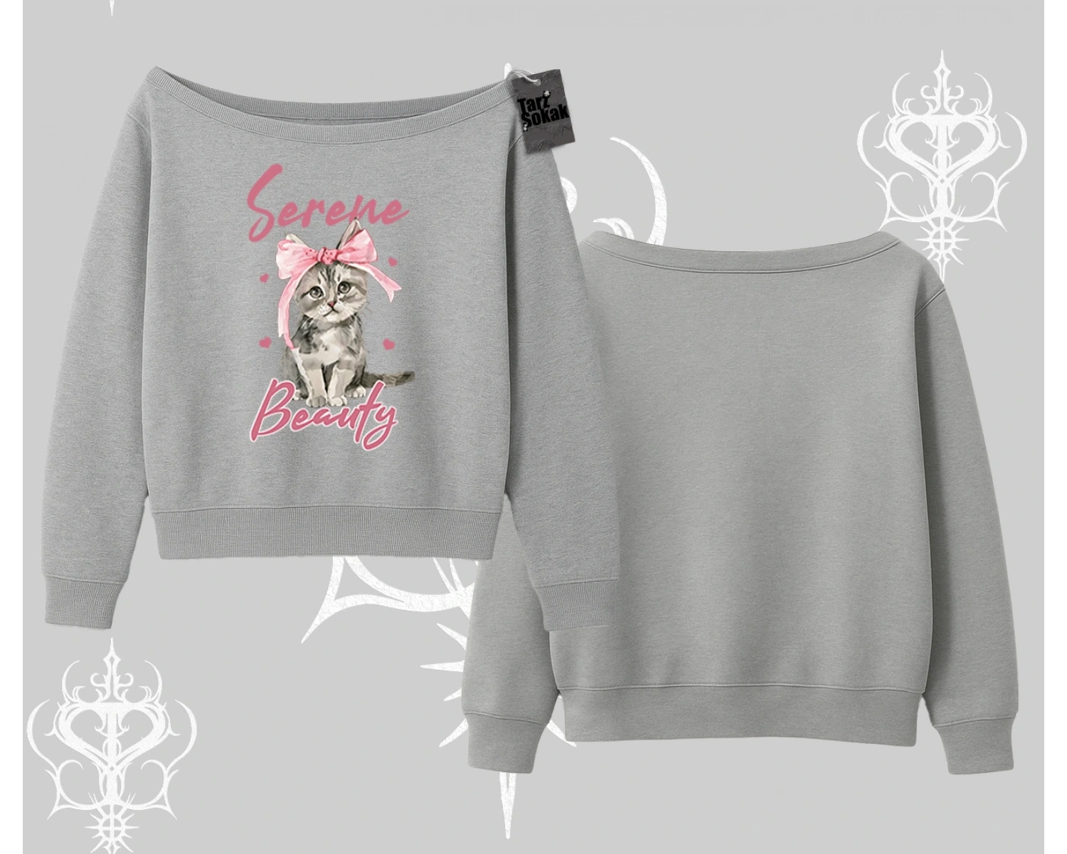 Serene Beauty Kedi Baskılı  Kayık Yaka Sweatshirt