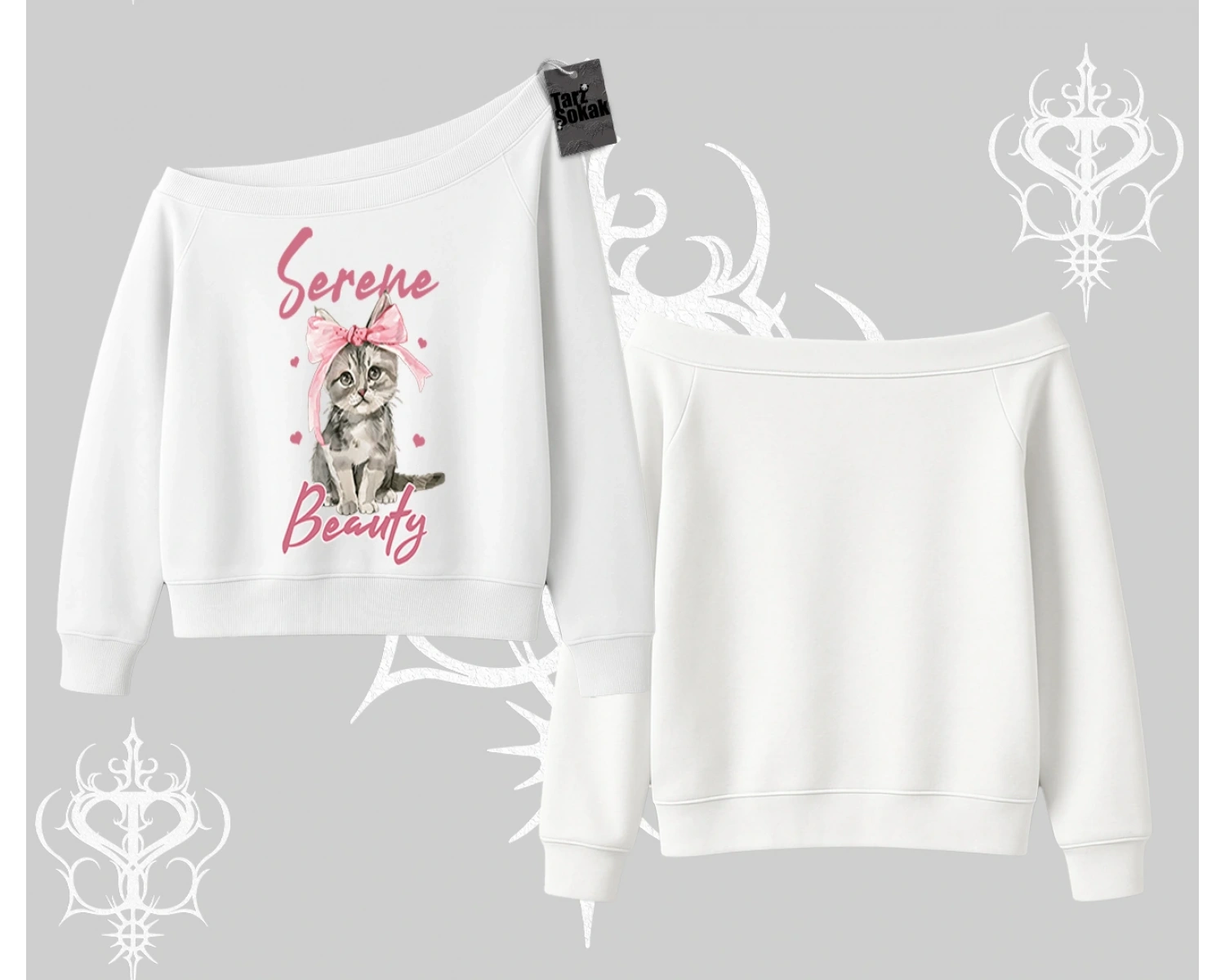 Serene Beauty Kedi Baskılı  Kayık Yaka Sweatshirt
