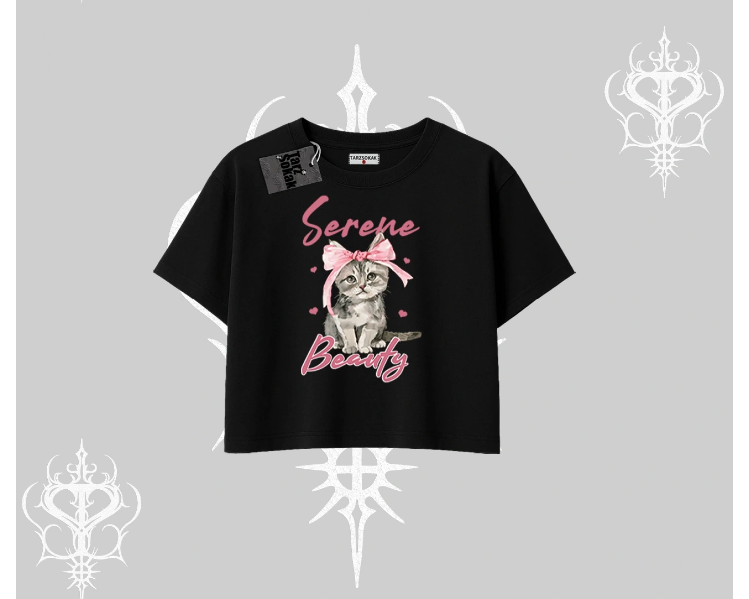 Serene Beauty Kedi Baskılı  Oversize Crop Tshirt