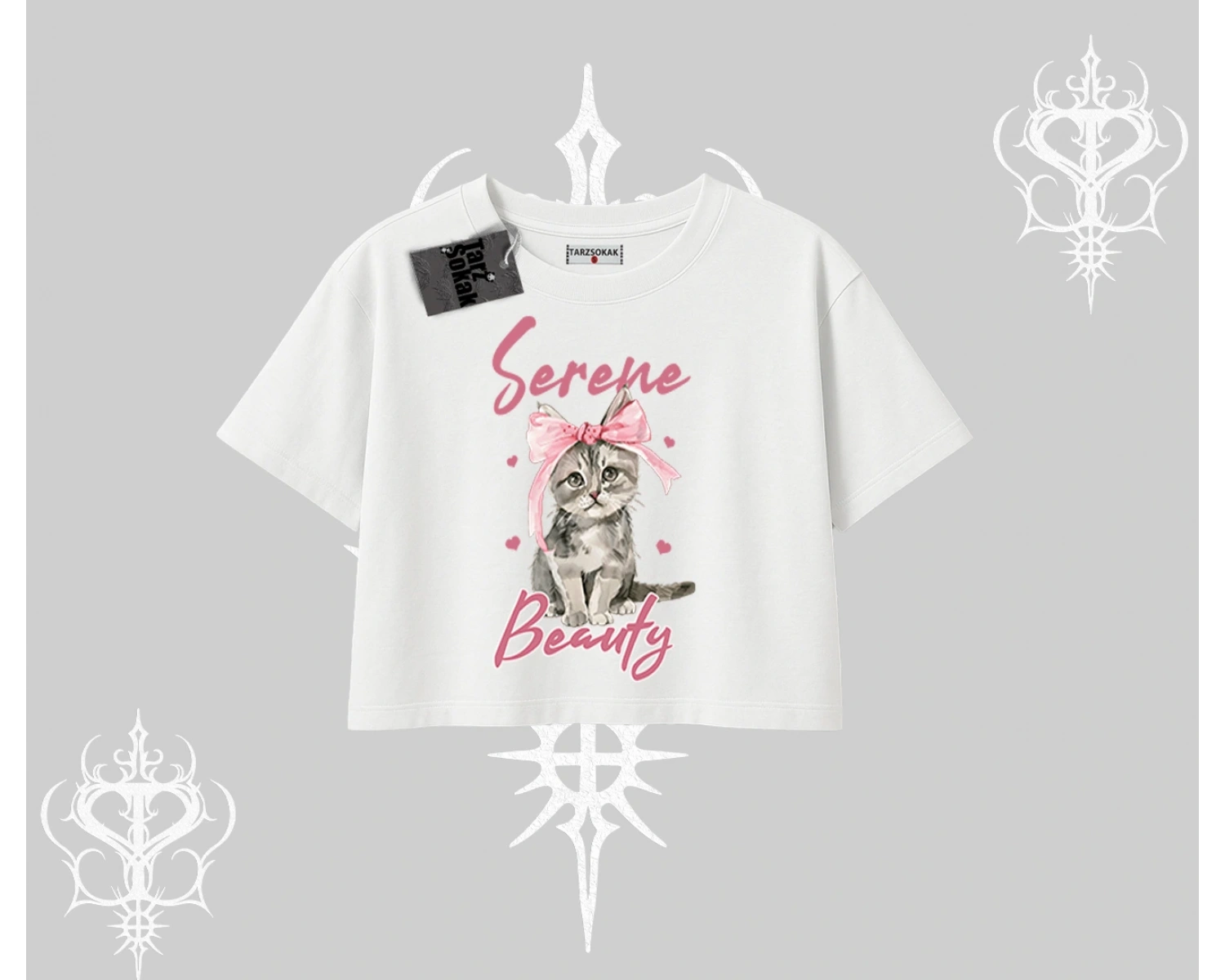 Serene Beauty Kedi Baskılı  Oversize Crop Tshirt
