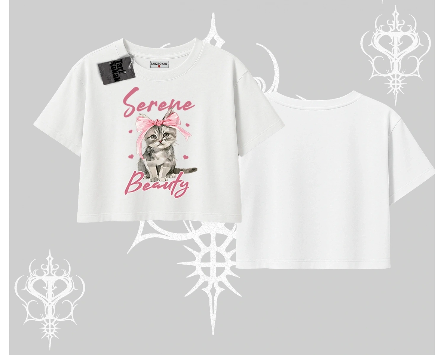 Serene Beauty Kedi Baskılı  Oversize Crop Tshirt