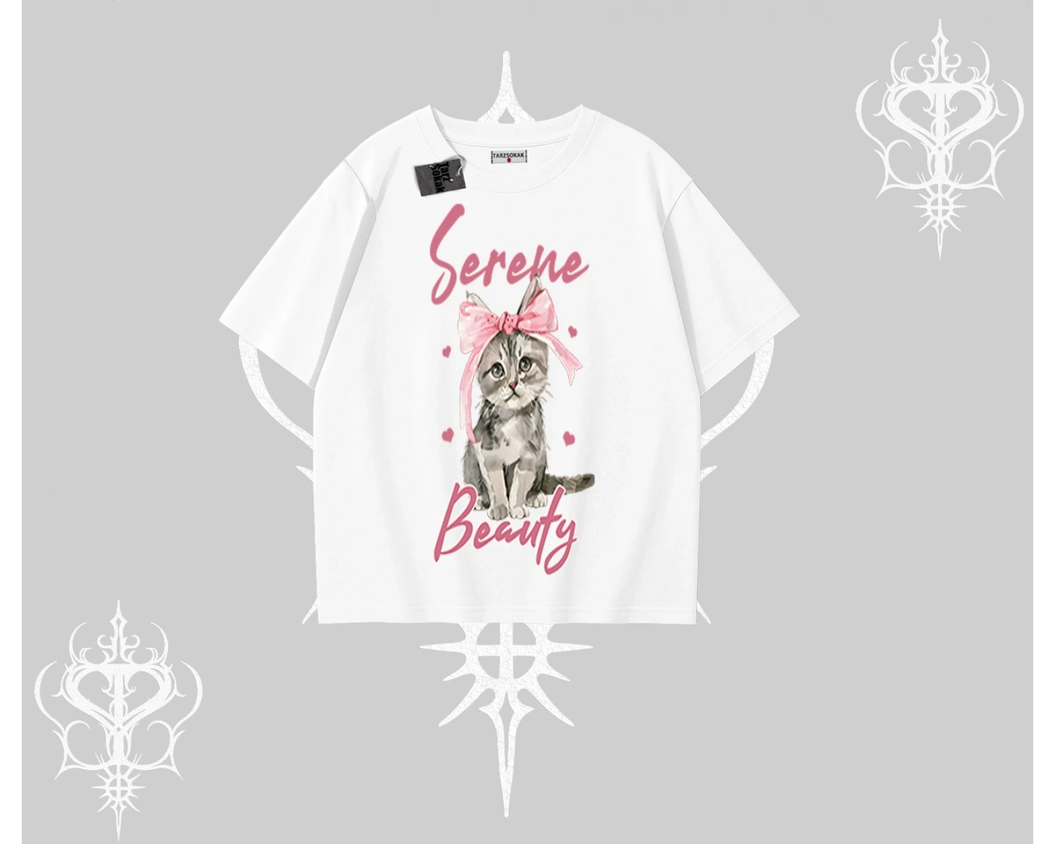 Serene Beauty Kedi Baskılı  Oversize Tshirt