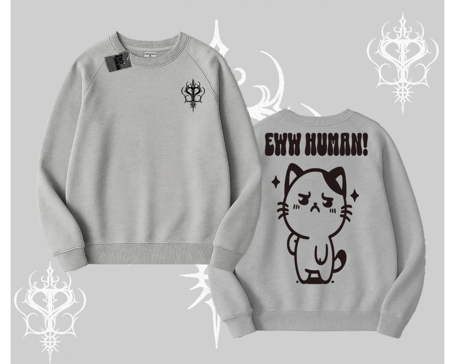 Sevimli Kedi Çizimli Arka Baskılı Biskilet Sweatshirt