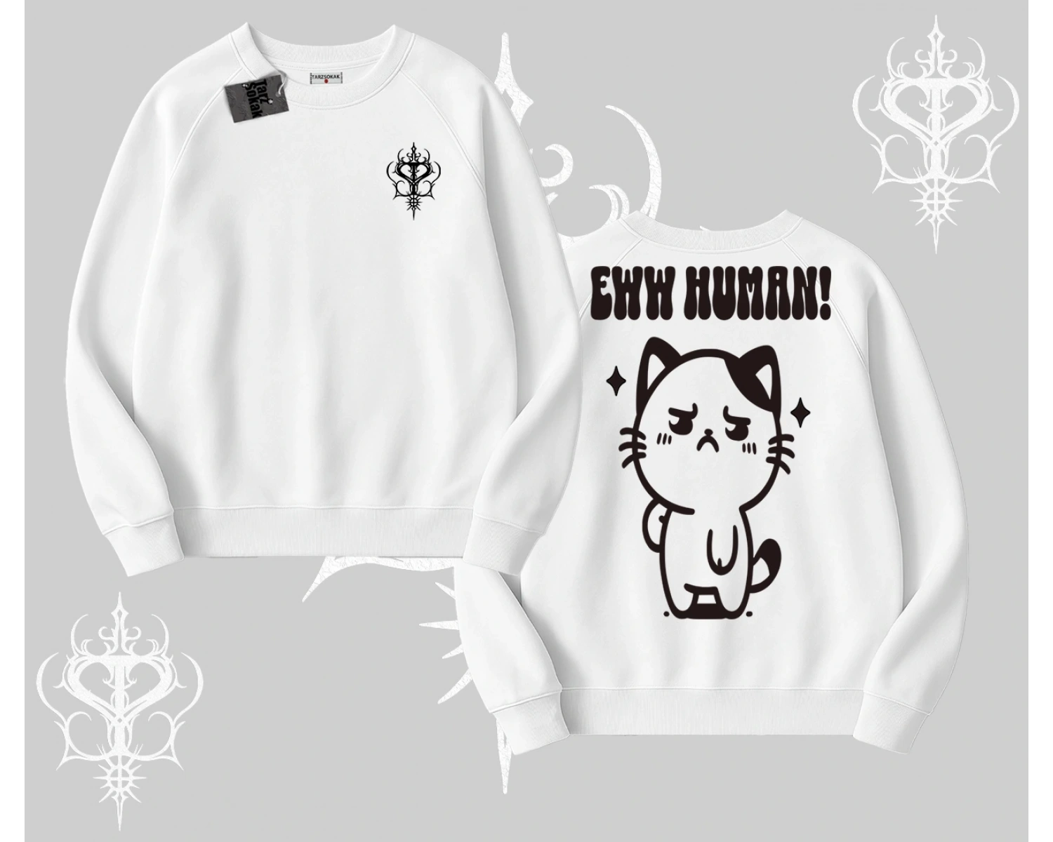 Sevimli Kedi Çizimli Arka Baskılı Biskilet Sweatshirt