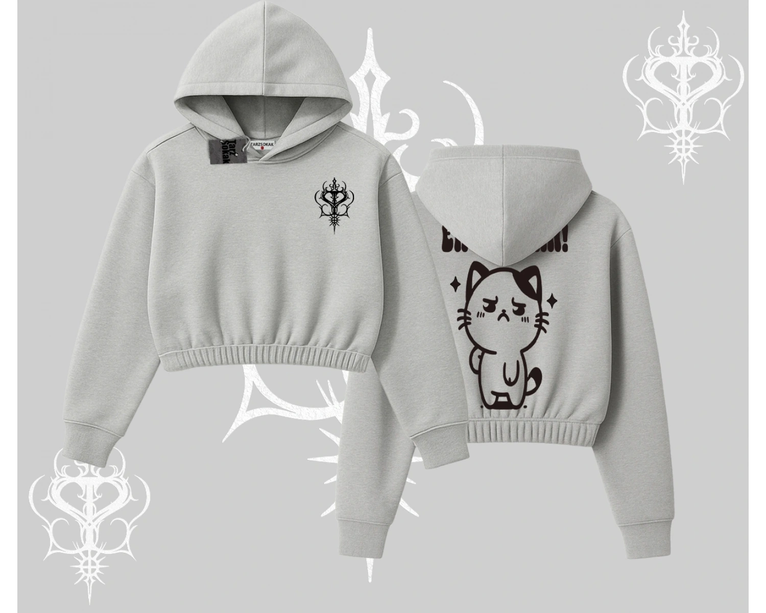 Sevimli Kedi Çizimli Arka Baskılı Kapşonlu Crop Sweatshirt