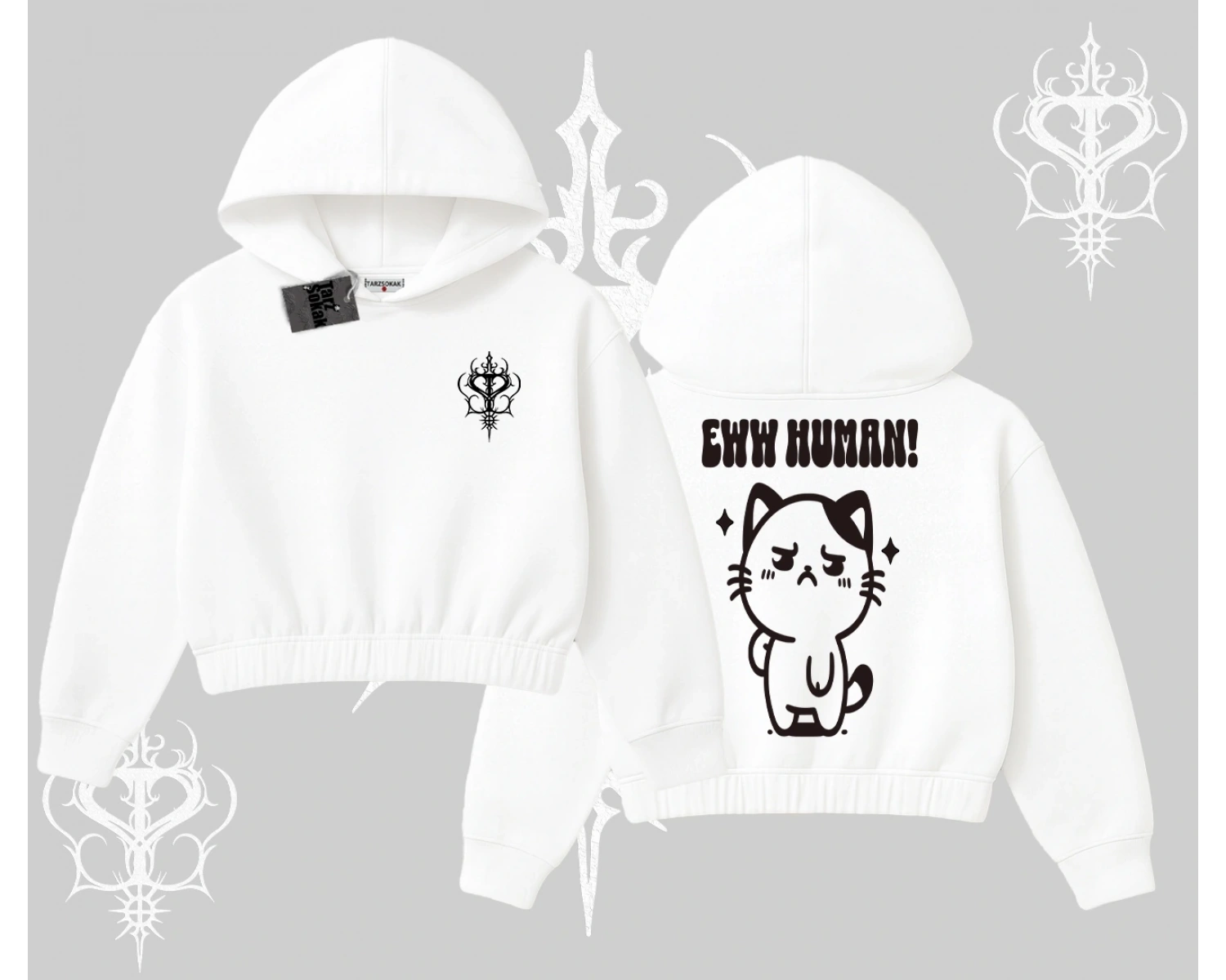 Sevimli Kedi Çizimli Arka Baskılı Kapşonlu Crop Sweatshirt